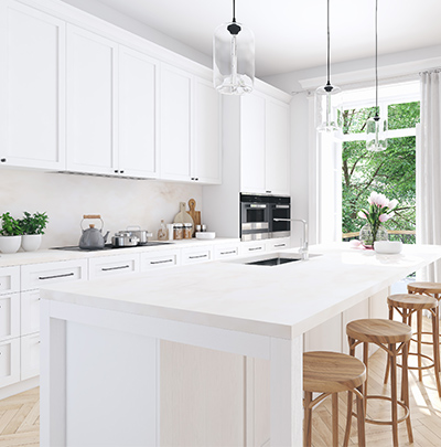 Residential kitchen with freshly wiped down countertops and cleaned floors